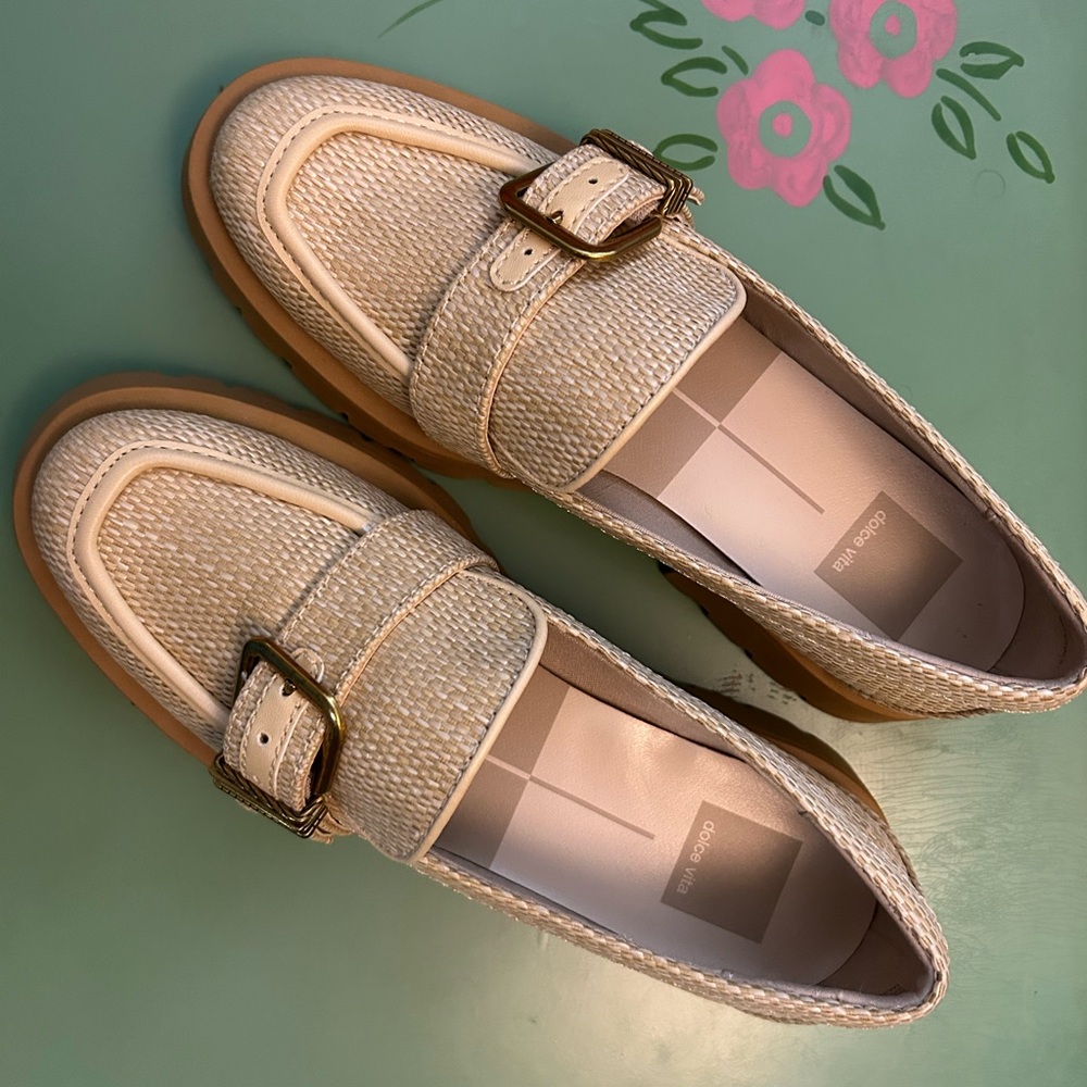 Dolce Vita Cream Textured Loafers with Gold Buckle
